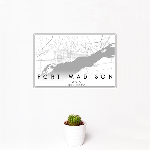 12x18 Fort Madison Iowa Map Print Landscape Orientation in Classic Style With Small Cactus Plant in White Planter