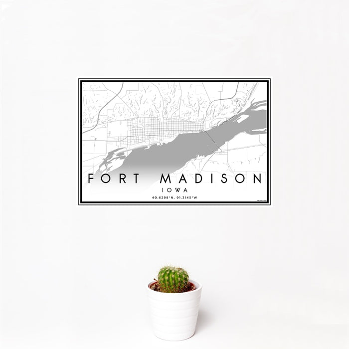 12x18 Fort Madison Iowa Map Print Landscape Orientation in Classic Style With Small Cactus Plant in White Planter