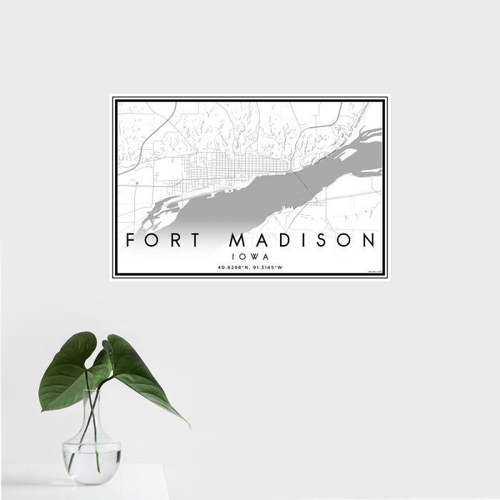 16x24 Fort Madison Iowa Map Print Landscape Orientation in Classic Style With Tropical Plant Leaves in Water