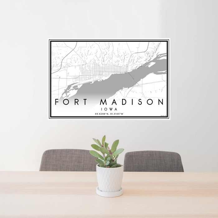24x36 Fort Madison Iowa Map Print Landscape Orientation in Classic Style Behind 2 Chairs Table and Potted Plant