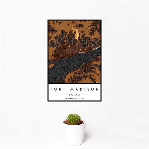 12x18 Fort Madison Iowa Map Print Portrait Orientation in Ember Style With Small Cactus Plant in White Planter