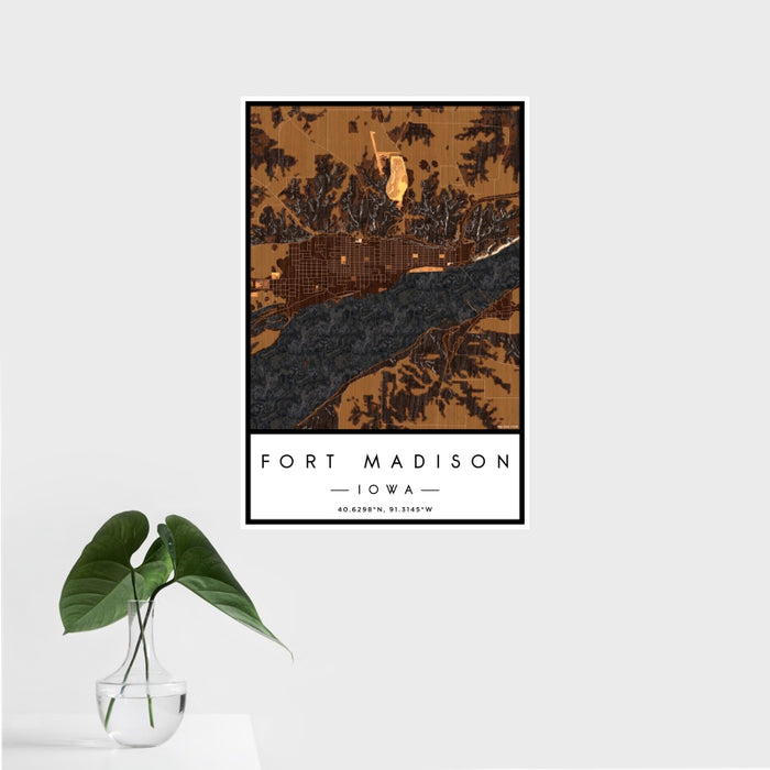 16x24 Fort Madison Iowa Map Print Portrait Orientation in Ember Style With Tropical Plant Leaves in Water