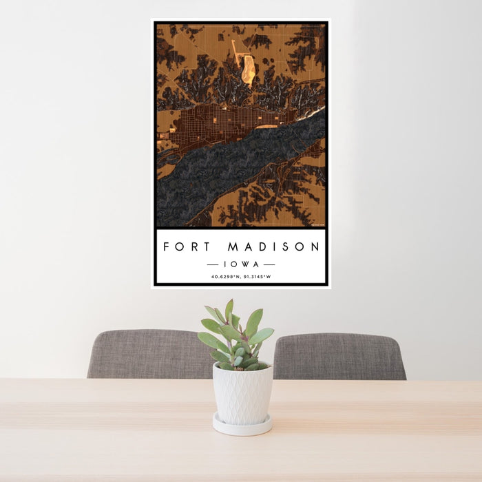 24x36 Fort Madison Iowa Map Print Portrait Orientation in Ember Style Behind 2 Chairs Table and Potted Plant