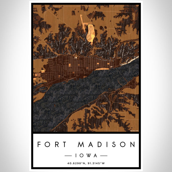 Fort Madison Iowa Map Print Portrait Orientation in Ember Style With Shaded Background