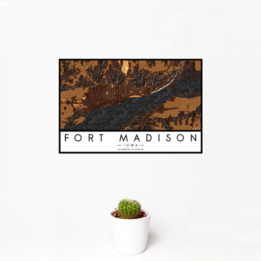 12x18 Fort Madison Iowa Map Print Landscape Orientation in Ember Style With Small Cactus Plant in White Planter