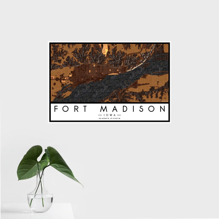 16x24 Fort Madison Iowa Map Print Landscape Orientation in Ember Style With Tropical Plant Leaves in Water