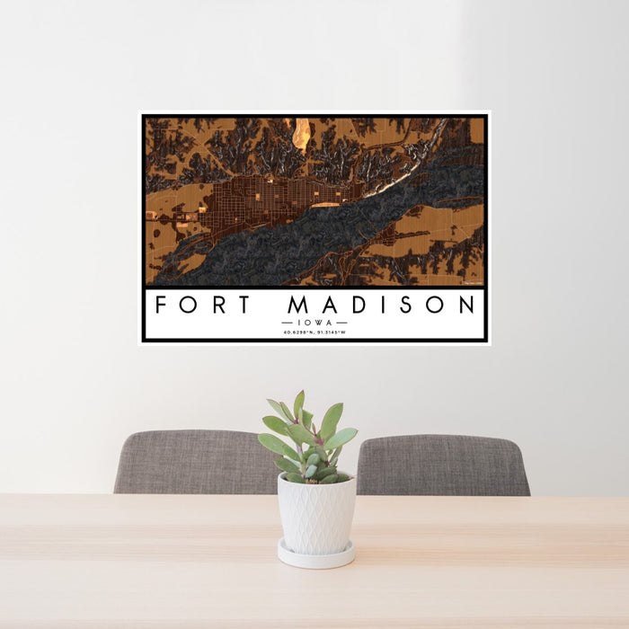 24x36 Fort Madison Iowa Map Print Landscape Orientation in Ember Style Behind 2 Chairs Table and Potted Plant