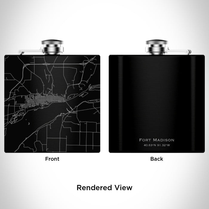 Rendered View of Fort Madison Iowa Map Engraving on 6oz Stainless Steel Flask in Black