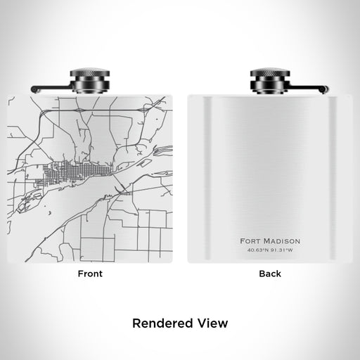 Rendered View of Fort Madison Iowa Map Engraving on 6oz Stainless Steel Flask in White