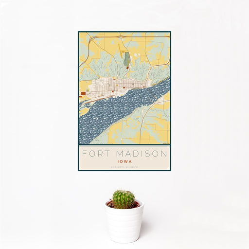 12x18 Fort Madison Iowa Map Print Portrait Orientation in Woodblock Style With Small Cactus Plant in White Planter