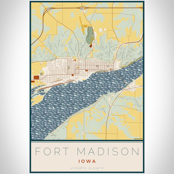 Fort Madison Iowa Map Print Portrait Orientation in Woodblock Style With Shaded Background