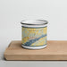 Front View Custom Fort Madison Iowa Map Enamel Mug in Woodblock on Cutting Board