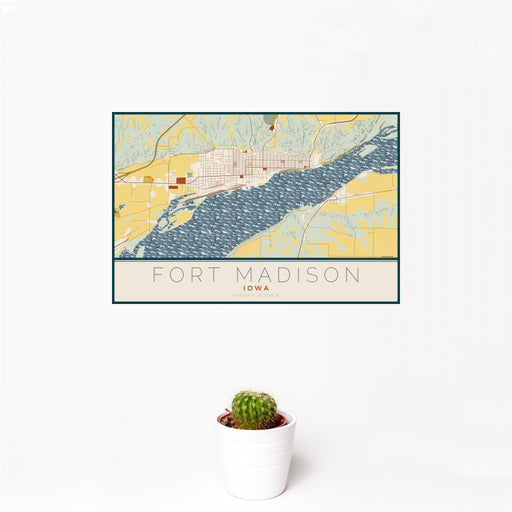 12x18 Fort Madison Iowa Map Print Landscape Orientation in Woodblock Style With Small Cactus Plant in White Planter