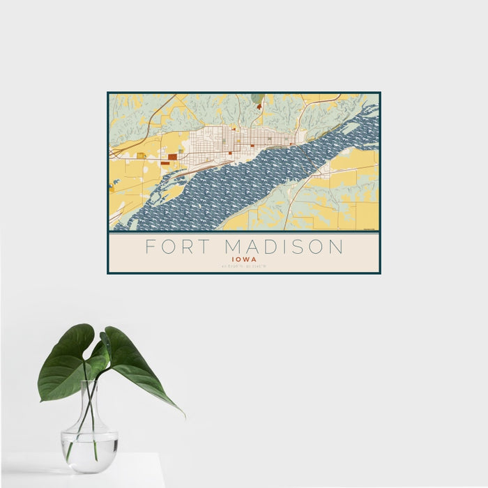 16x24 Fort Madison Iowa Map Print Landscape Orientation in Woodblock Style With Tropical Plant Leaves in Water