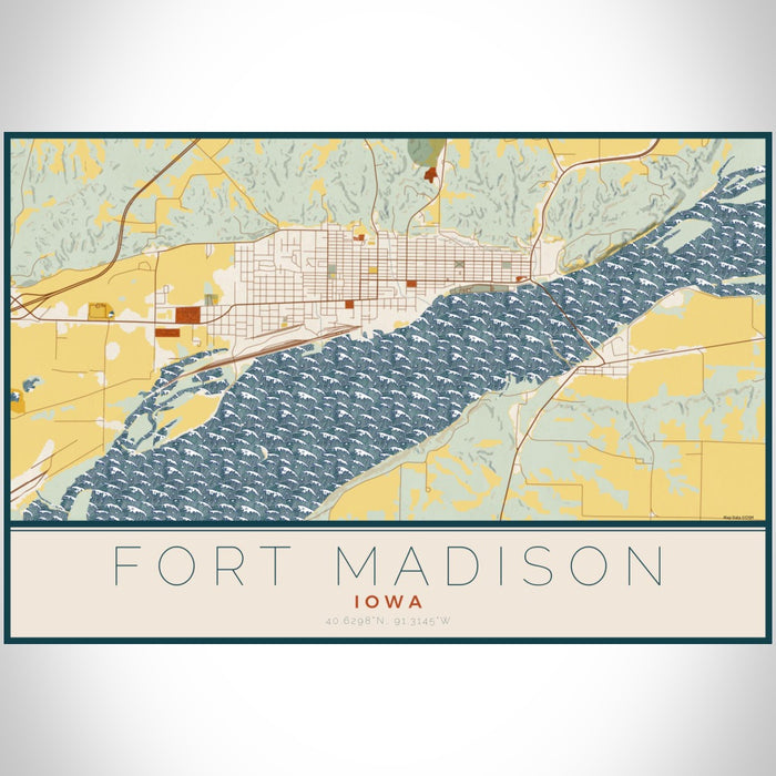 Fort Madison Iowa Map Print Landscape Orientation in Woodblock Style With Shaded Background