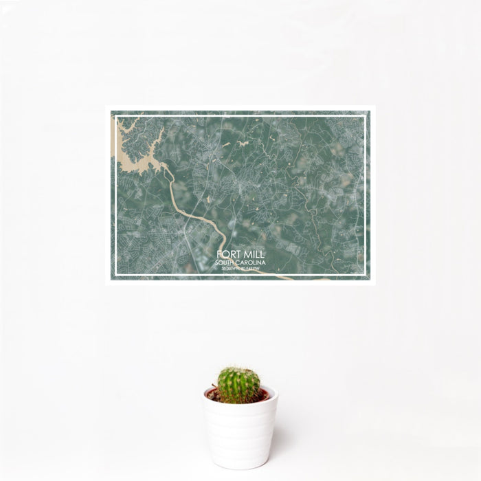 12x18 Fort Mill South Carolina Map Print Landscape Orientation in Afternoon Style With Small Cactus Plant in White Planter