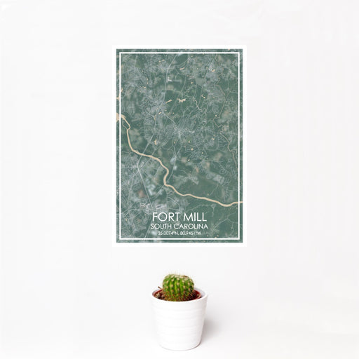 12x18 Fort Mill South Carolina Map Print Portrait Orientation in Afternoon Style With Small Cactus Plant in White Planter