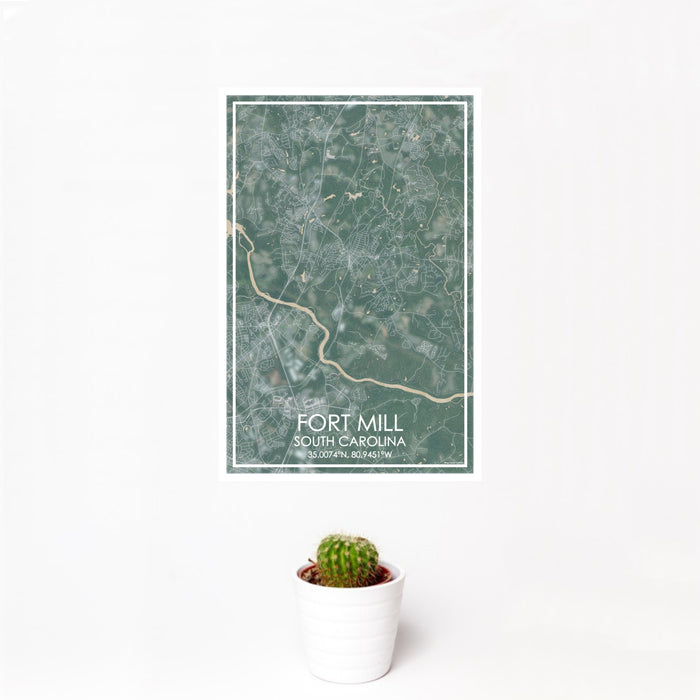 12x18 Fort Mill South Carolina Map Print Portrait Orientation in Afternoon Style With Small Cactus Plant in White Planter