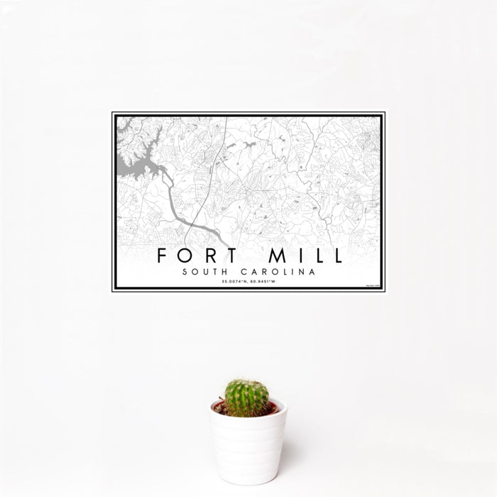 12x18 Fort Mill South Carolina Map Print Landscape Orientation in Classic Style With Small Cactus Plant in White Planter