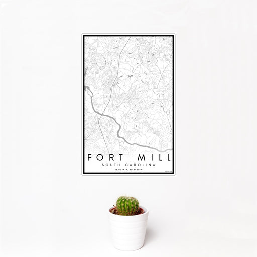12x18 Fort Mill South Carolina Map Print Portrait Orientation in Classic Style With Small Cactus Plant in White Planter