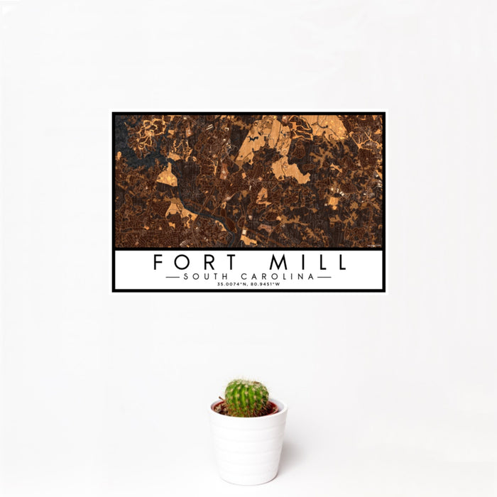 12x18 Fort Mill South Carolina Map Print Landscape Orientation in Ember Style With Small Cactus Plant in White Planter