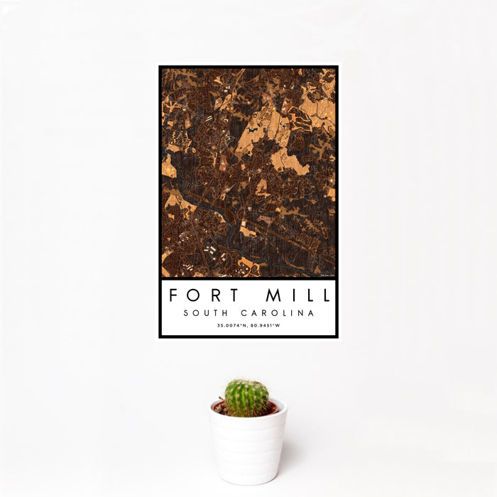 12x18 Fort Mill South Carolina Map Print Portrait Orientation in Ember Style With Small Cactus Plant in White Planter