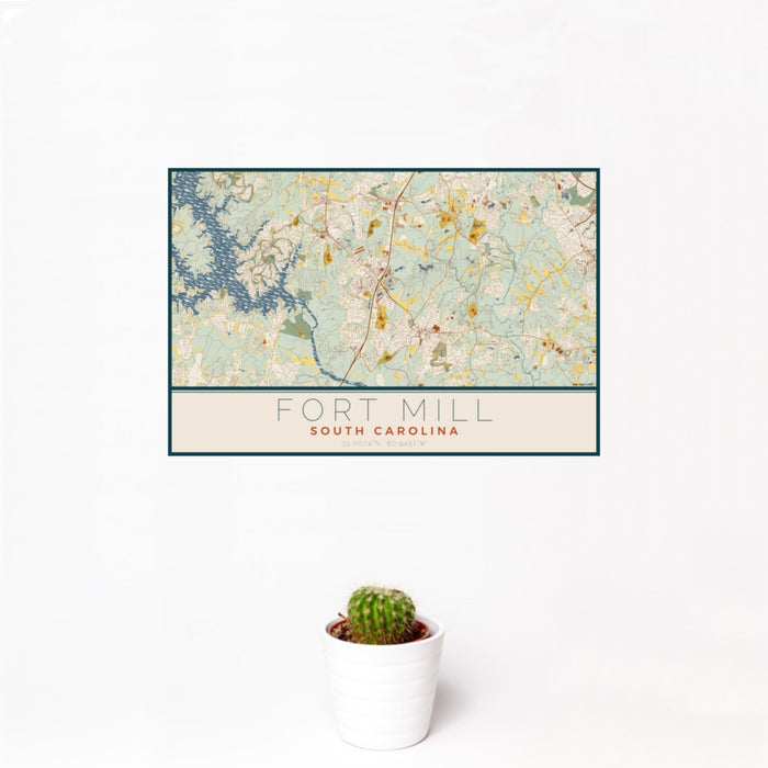12x18 Fort Mill South Carolina Map Print Landscape Orientation in Woodblock Style With Small Cactus Plant in White Planter