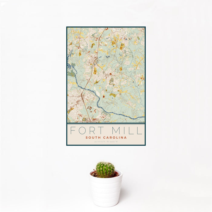 12x18 Fort Mill South Carolina Map Print Portrait Orientation in Woodblock Style With Small Cactus Plant in White Planter