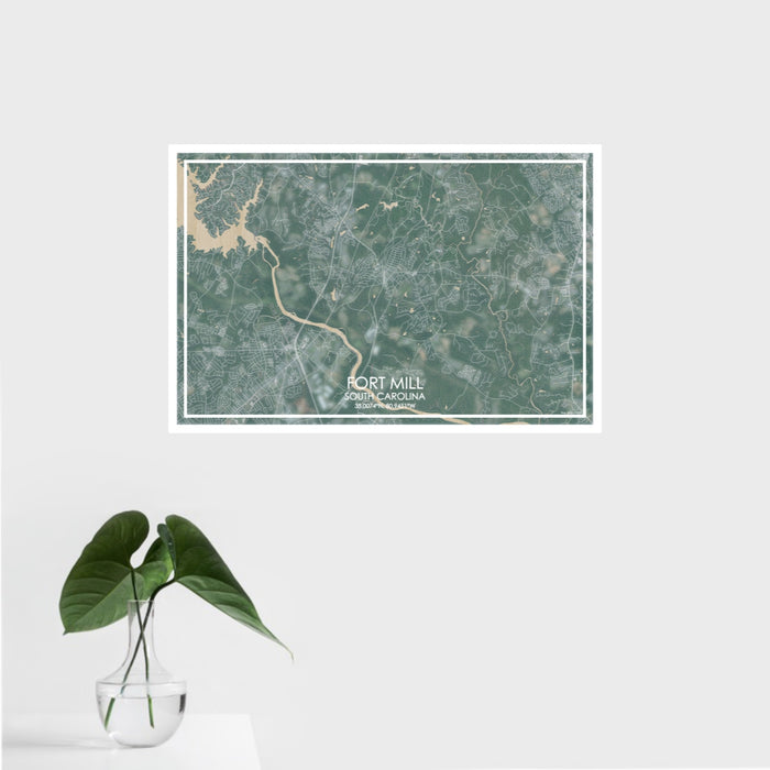 16x24 Fort Mill South Carolina Map Print Landscape Orientation in Afternoon Style With Tropical Plant Leaves in Water
