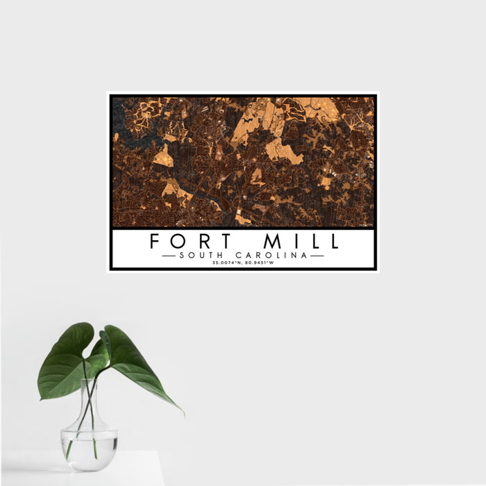 16x24 Fort Mill South Carolina Map Print Landscape Orientation in Ember Style With Tropical Plant Leaves in Water
