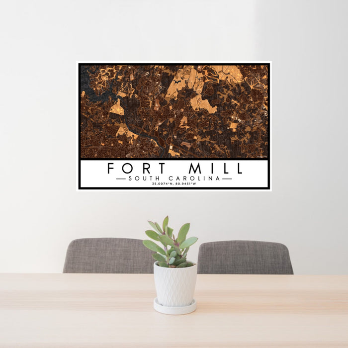 24x36 Fort Mill South Carolina Map Print Lanscape Orientation in Ember Style Behind 2 Chairs Table and Potted Plant