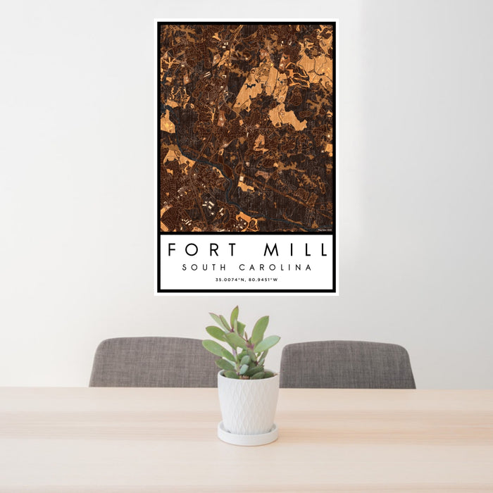 24x36 Fort Mill South Carolina Map Print Portrait Orientation in Ember Style Behind 2 Chairs Table and Potted Plant