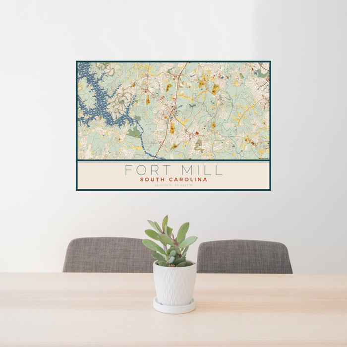 24x36 Fort Mill South Carolina Map Print Lanscape Orientation in Woodblock Style Behind 2 Chairs Table and Potted Plant
