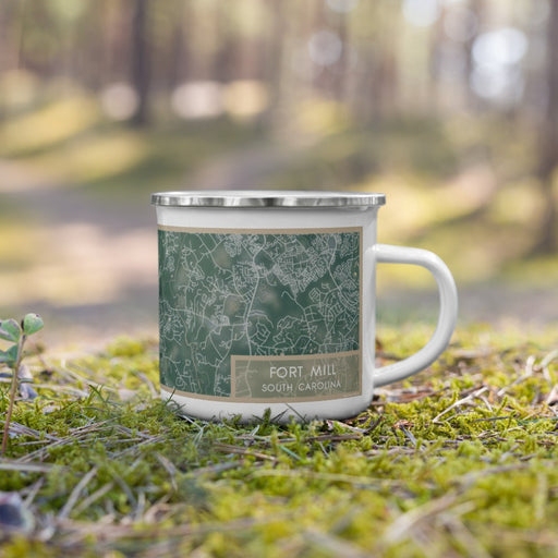 Right View Custom Fort Mill South Carolina Map Enamel Mug in Afternoon on Grass With Trees in Background