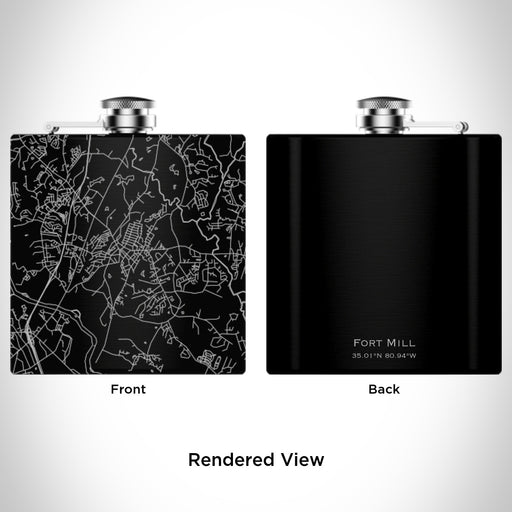 Rendered View of Fort Mill South Carolina Map Engraving on 6oz Stainless Steel Flask in Black