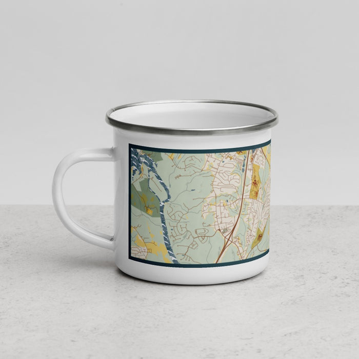 Left View Custom Fort Mill South Carolina Map Enamel Mug in Woodblock