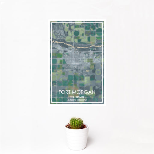 12x18 Fort Morgan Colorado Map Print Portrait Orientation in Afternoon Style With Small Cactus Plant in White Planter