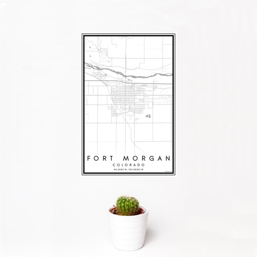 12x18 Fort Morgan Colorado Map Print Portrait Orientation in Classic Style With Small Cactus Plant in White Planter