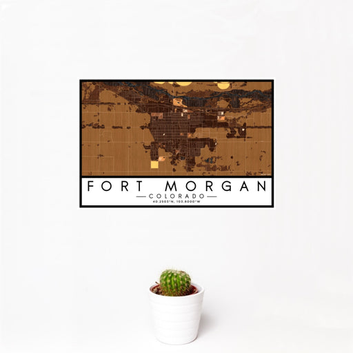 12x18 Fort Morgan Colorado Map Print Landscape Orientation in Ember Style With Small Cactus Plant in White Planter