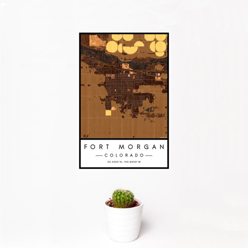 12x18 Fort Morgan Colorado Map Print Portrait Orientation in Ember Style With Small Cactus Plant in White Planter