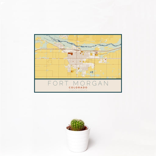 12x18 Fort Morgan Colorado Map Print Landscape Orientation in Woodblock Style With Small Cactus Plant in White Planter