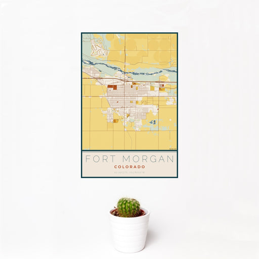 12x18 Fort Morgan Colorado Map Print Portrait Orientation in Woodblock Style With Small Cactus Plant in White Planter