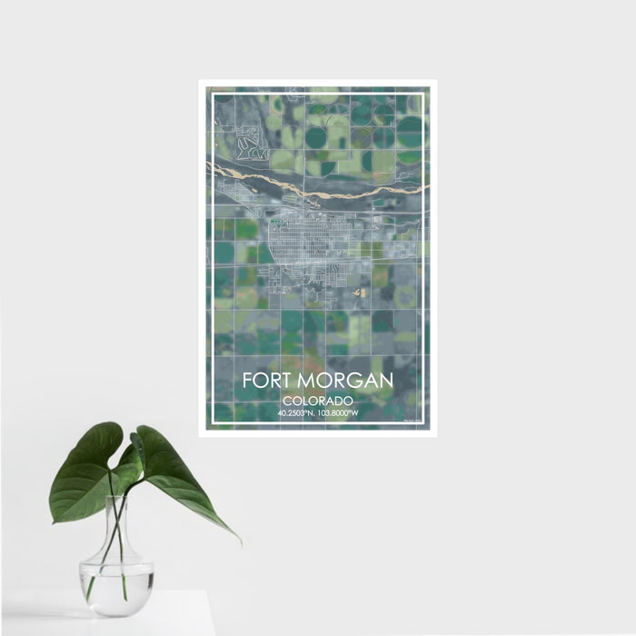 16x24 Fort Morgan Colorado Map Print Portrait Orientation in Afternoon Style With Tropical Plant Leaves in Water