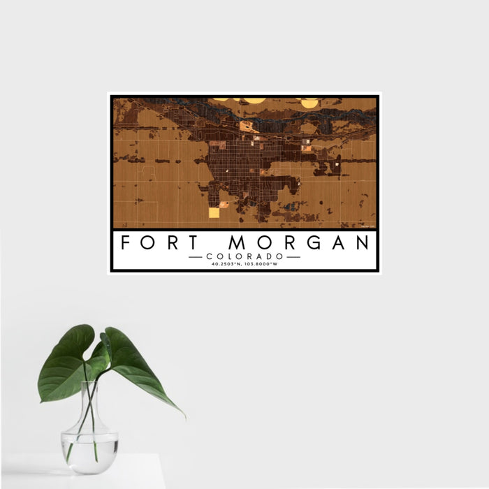 16x24 Fort Morgan Colorado Map Print Landscape Orientation in Ember Style With Tropical Plant Leaves in Water