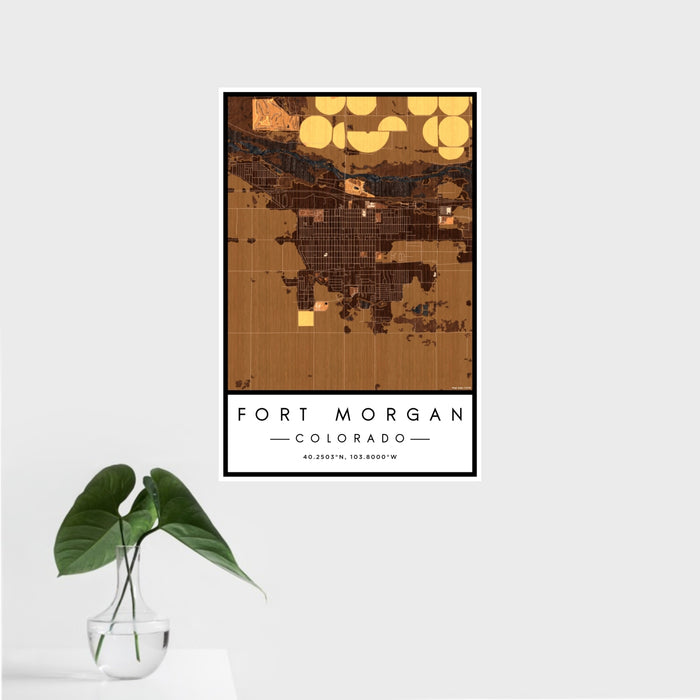 16x24 Fort Morgan Colorado Map Print Portrait Orientation in Ember Style With Tropical Plant Leaves in Water