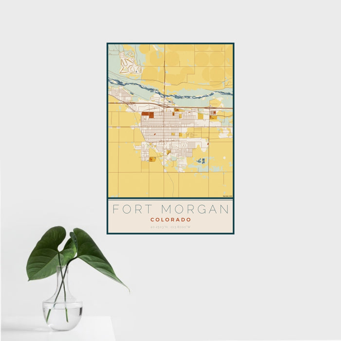 16x24 Fort Morgan Colorado Map Print Portrait Orientation in Woodblock Style With Tropical Plant Leaves in Water