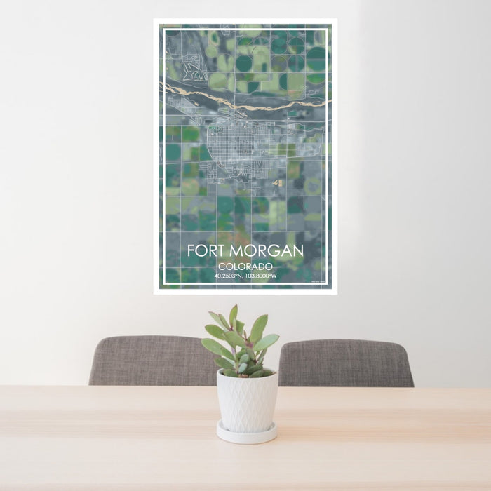 24x36 Fort Morgan Colorado Map Print Portrait Orientation in Afternoon Style Behind 2 Chairs Table and Potted Plant