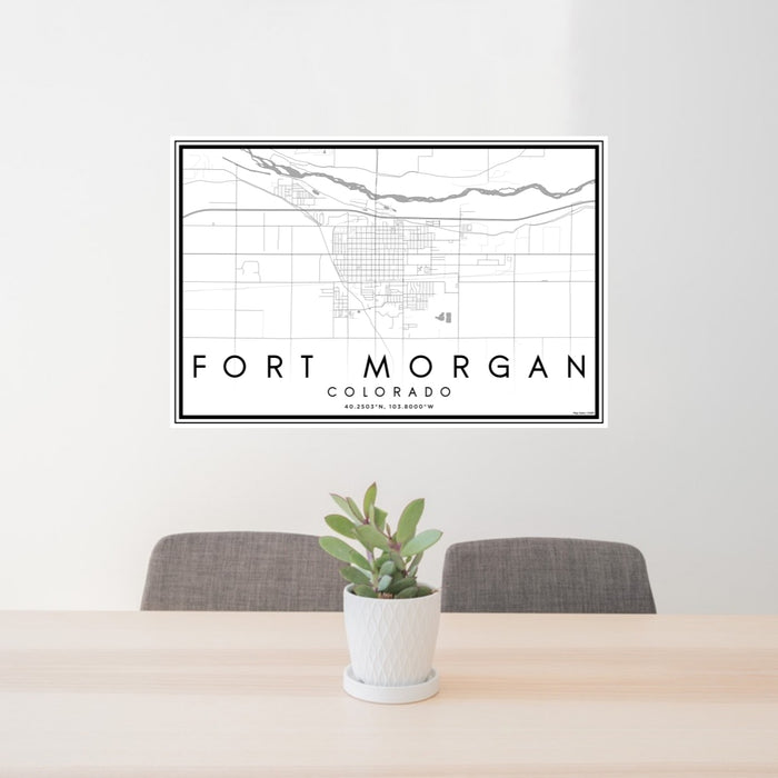 24x36 Fort Morgan Colorado Map Print Lanscape Orientation in Classic Style Behind 2 Chairs Table and Potted Plant