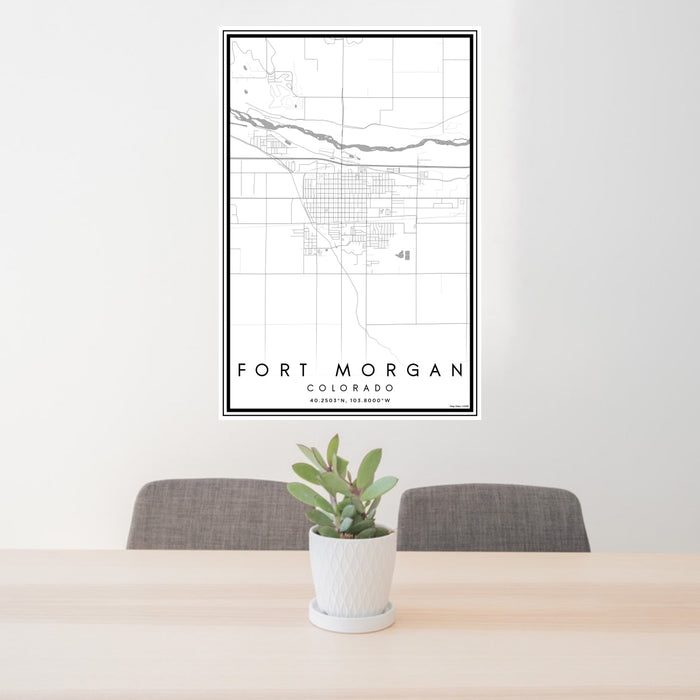 24x36 Fort Morgan Colorado Map Print Portrait Orientation in Classic Style Behind 2 Chairs Table and Potted Plant