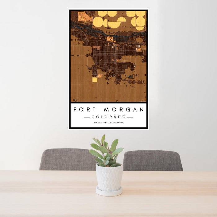 24x36 Fort Morgan Colorado Map Print Portrait Orientation in Ember Style Behind 2 Chairs Table and Potted Plant